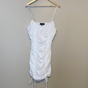 Kittenish White Ruched Mini Dress